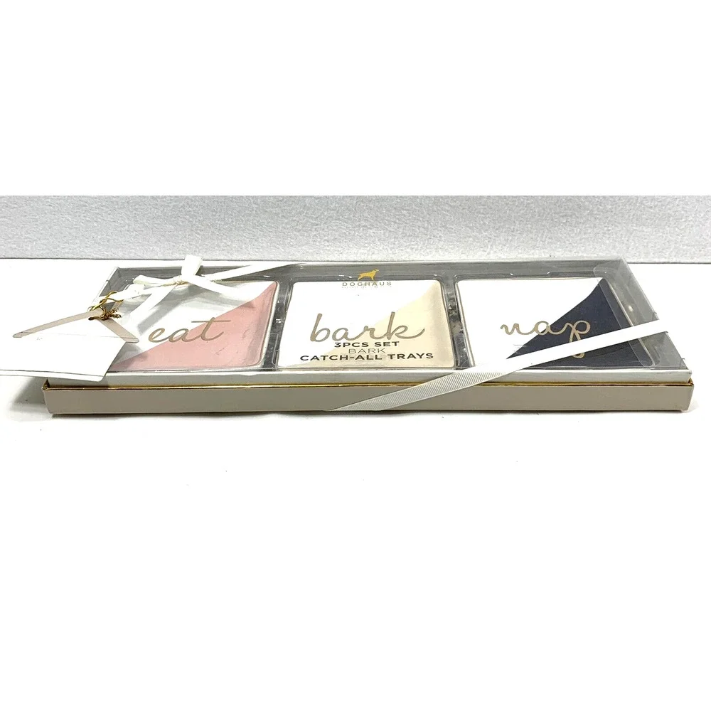 Doghaus Ceramic Catchall Trays 3 Pc‎ EAT BARK NAP  Trinket Dishes In Box Gift